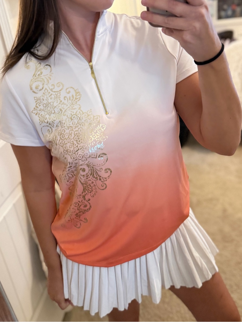 Chico's Golf White to Coral Ombre Zip-Front Top with Gold Foil Detail